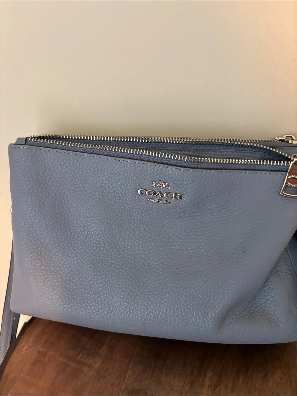 Coach Pebbled Leather Crossbody Bag in Light Blue with Silver Hardware